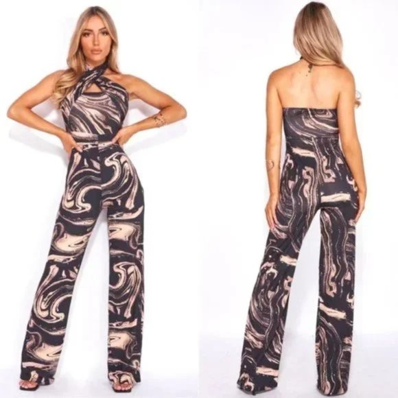 Pants - Marble Print Sleeveless Halter Neck Open Back Wide Leg Jumpsuit